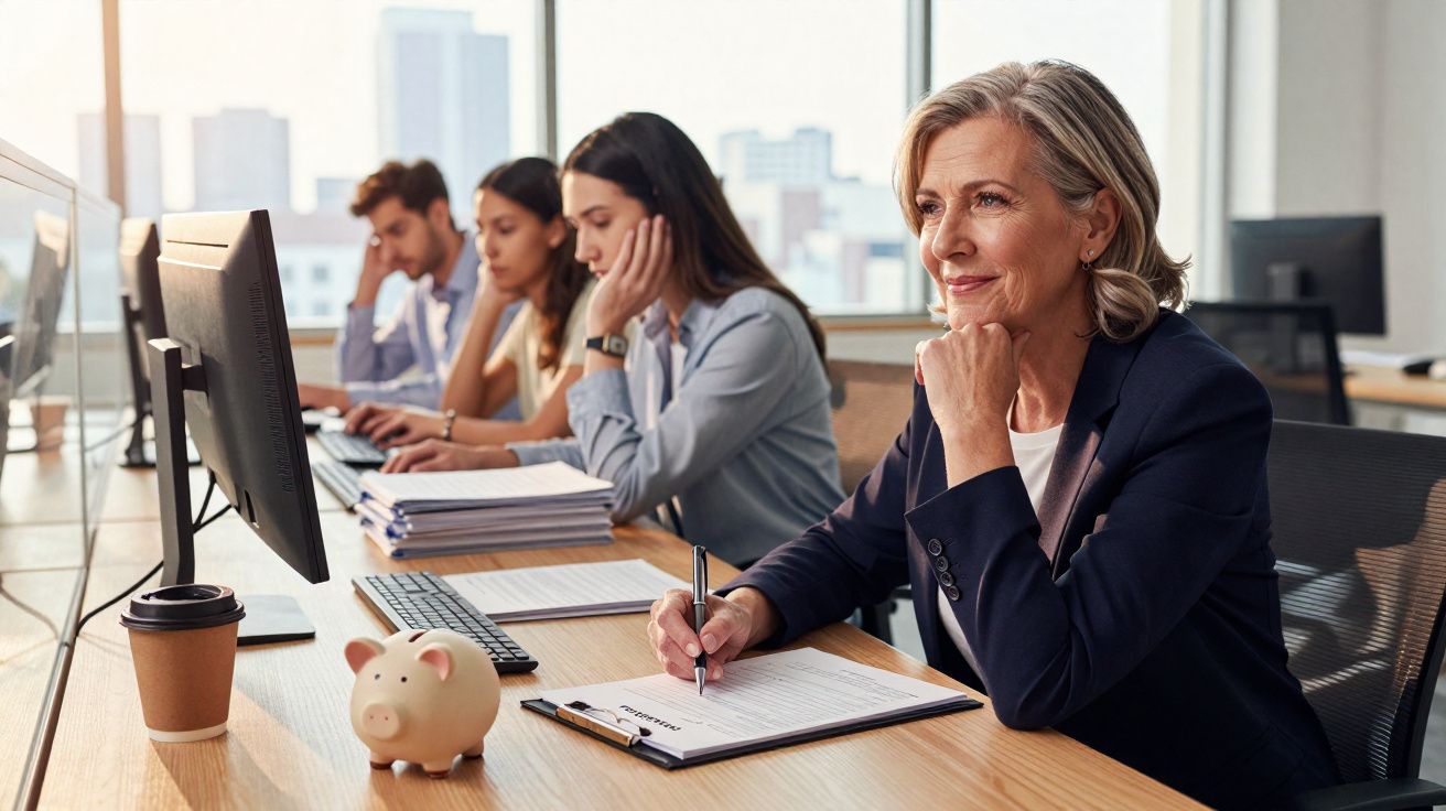 Mulher sorridente escrevendo em prancheta em mesa com colegas trabalhando ao fundo em escritório moderno.