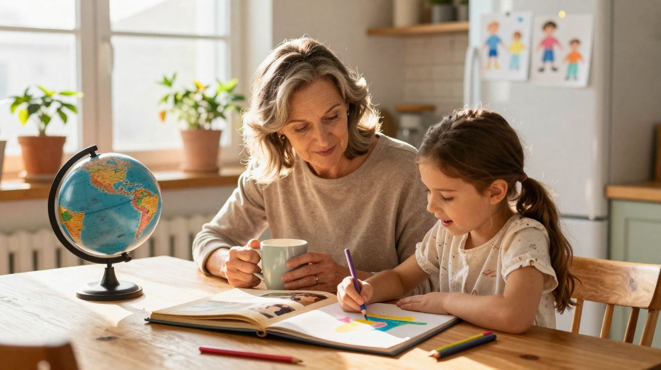 Mulher adulta observa menina colorindo desenho em livro enquanto toma café em mesa com globo terrestre.