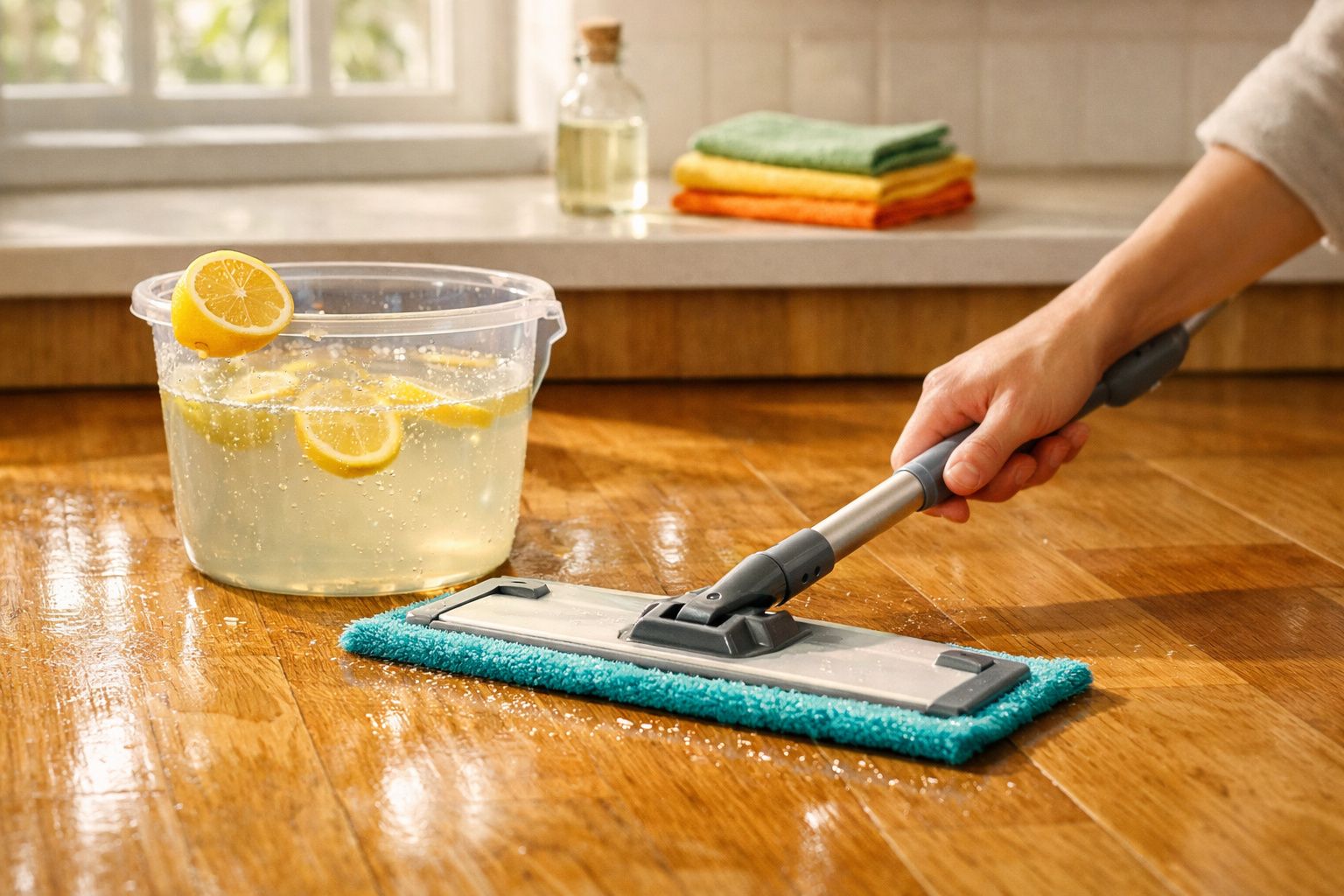 Mão passando esfregão azul em piso de madeira ao lado de balde com água e fatias de limão.