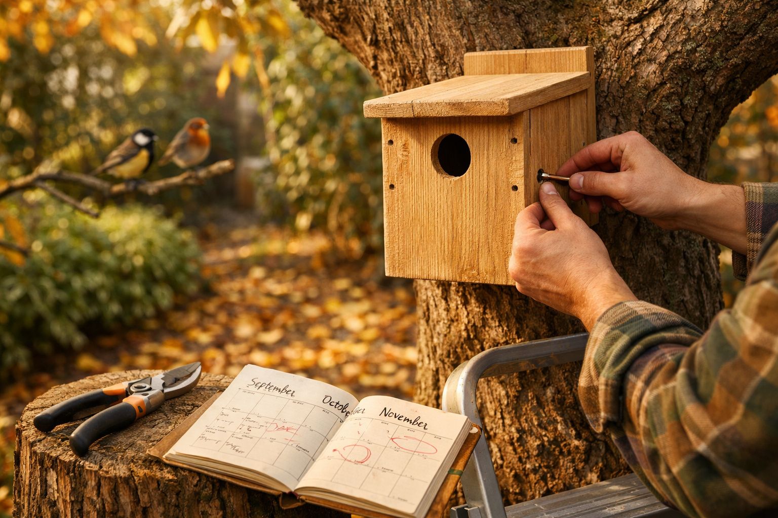 Pessoa instalando casinha de pássaro em árvore com ferramentas e agenda ao lado no outono.