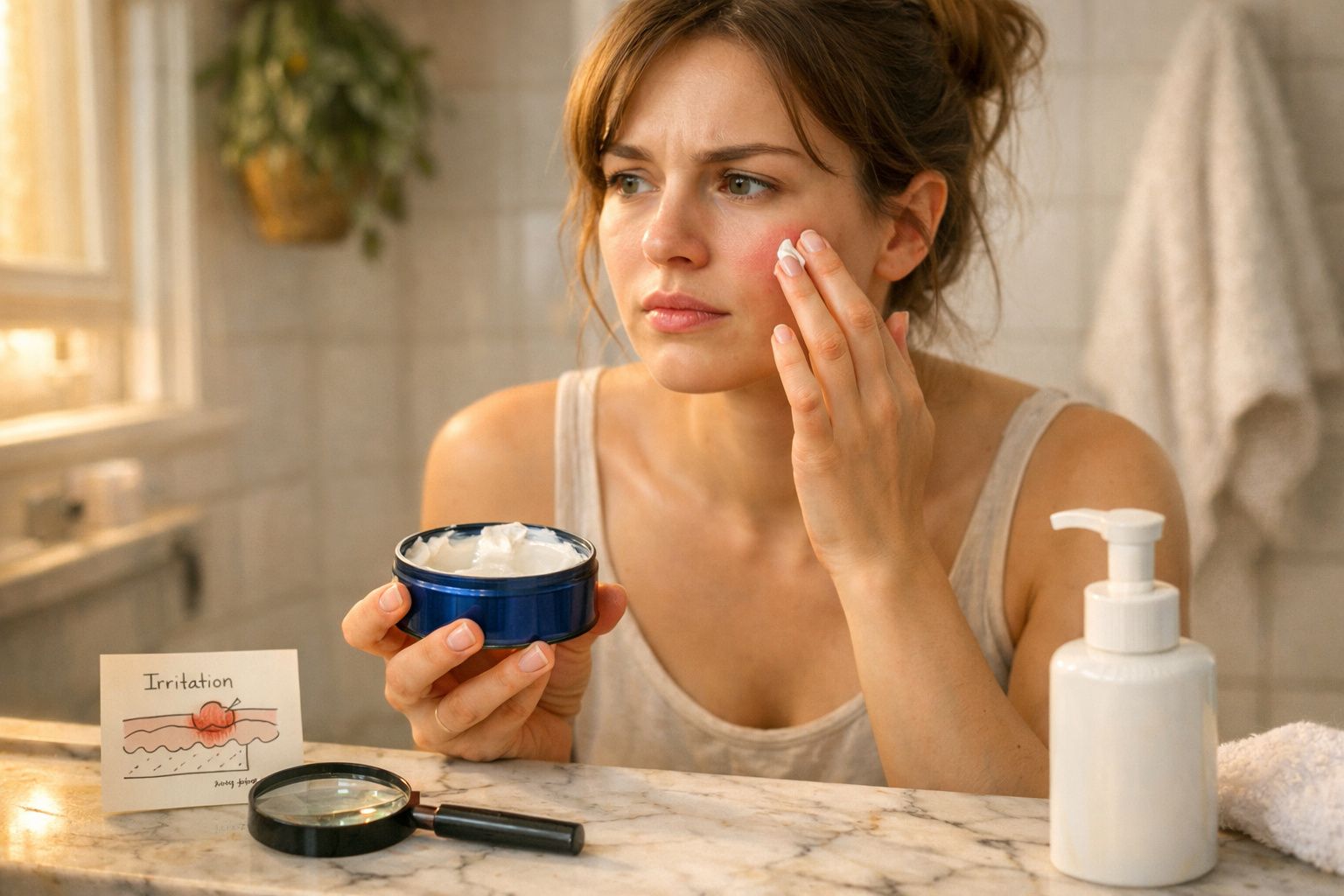 Mulher aplicando creme no rosto com expressão preocupada em banheiro iluminado natural.