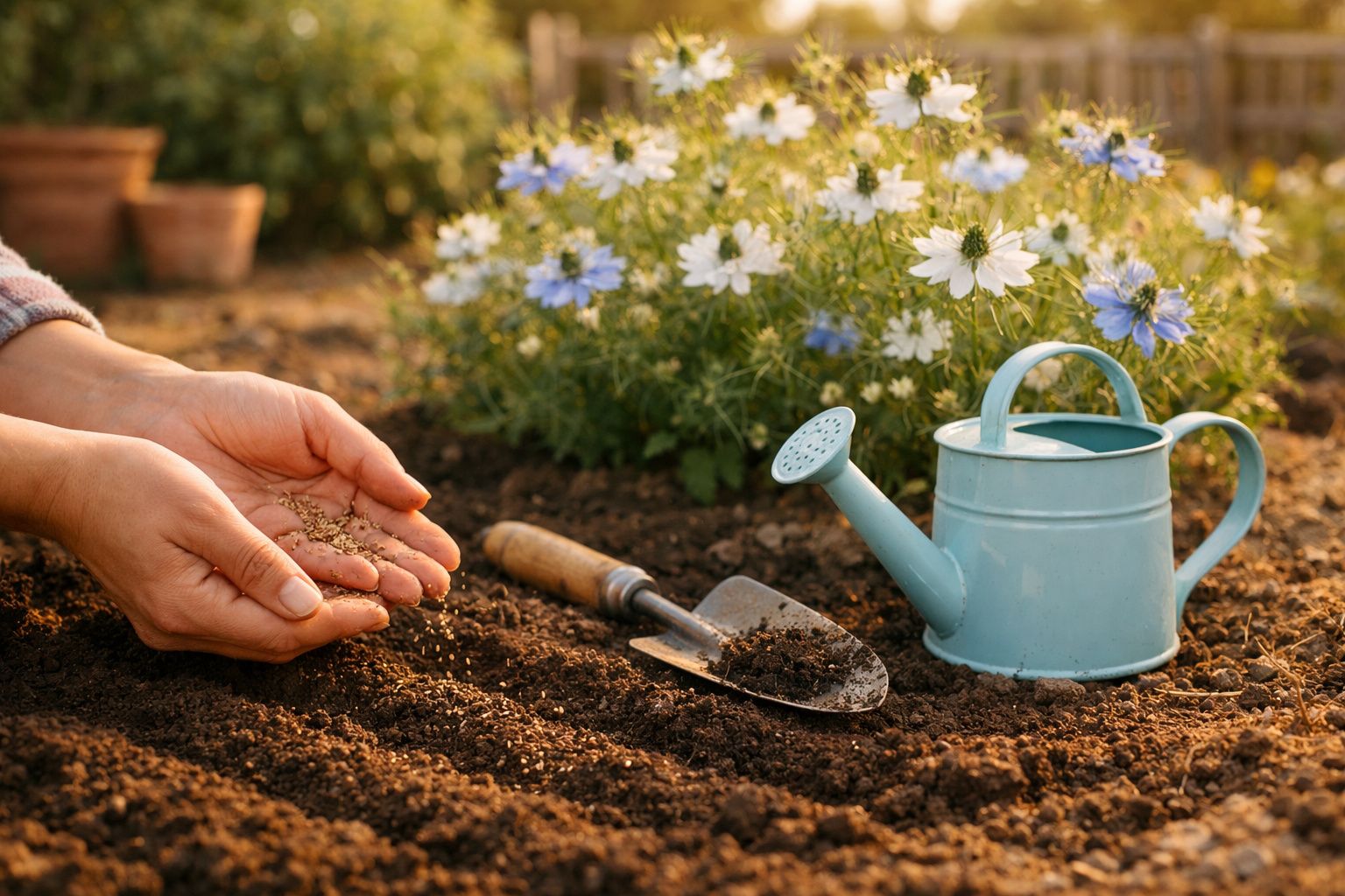 Mãos semeando sementes na terra com regador azul, pá de jardim e flores brancas e azuis ao fundo.