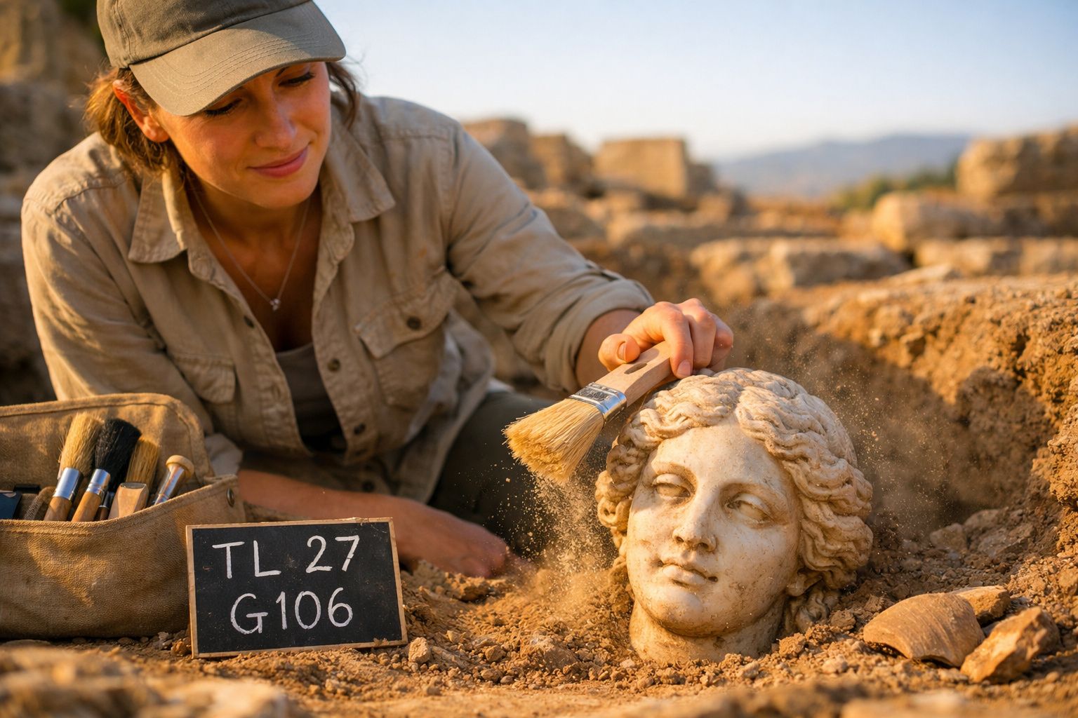 Arqueóloga limpando escultura de cabeça de pedra encontrada em escavação arqueológica ao ar livre.