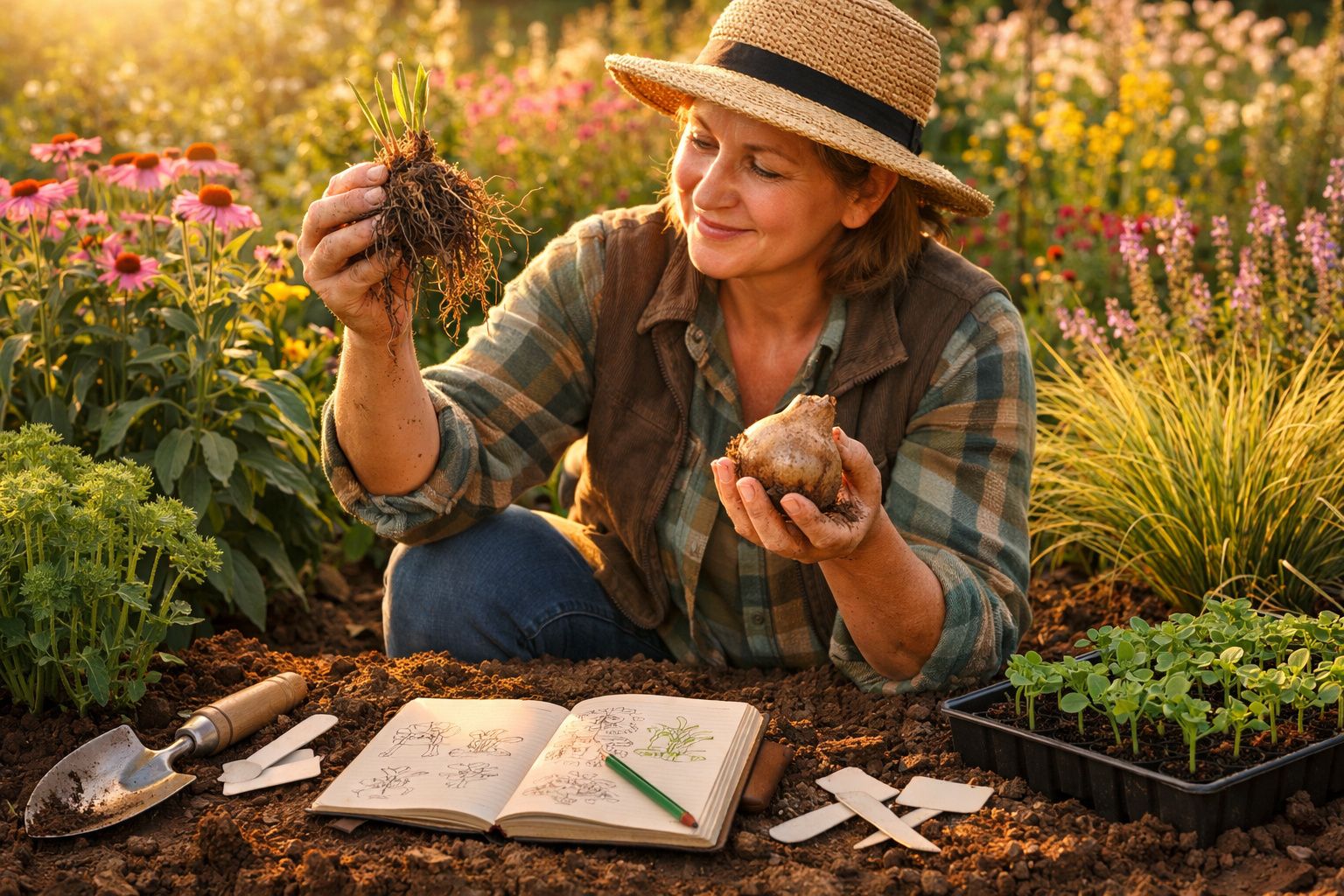 Mulher sorrindo e segurando plantas no jardim, com ferramentas, caderno e mudas ao redor.