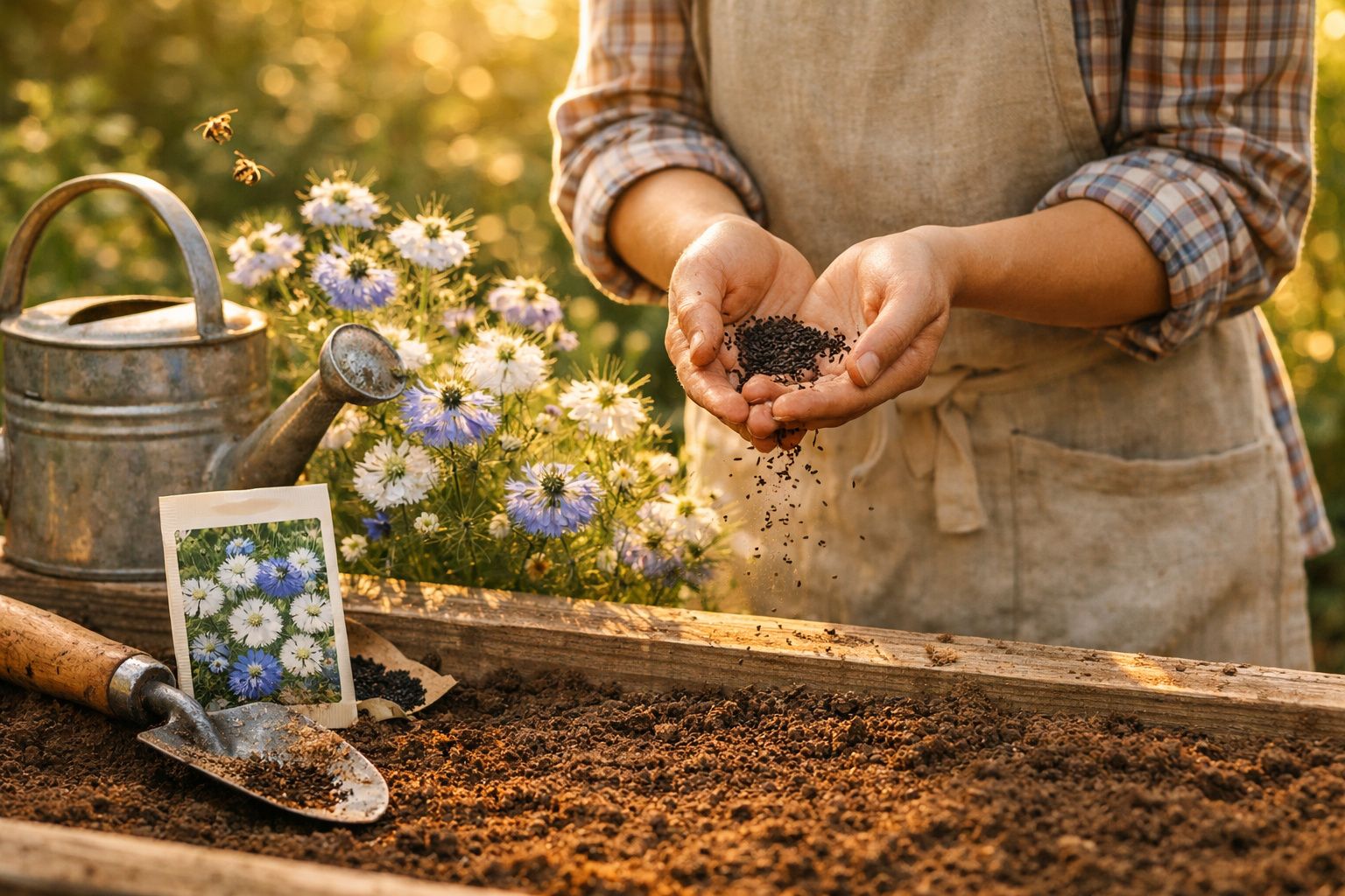 Pessoa segurando sementes para plantar em canteiro com regador, flores e pá de jardim ao lado.