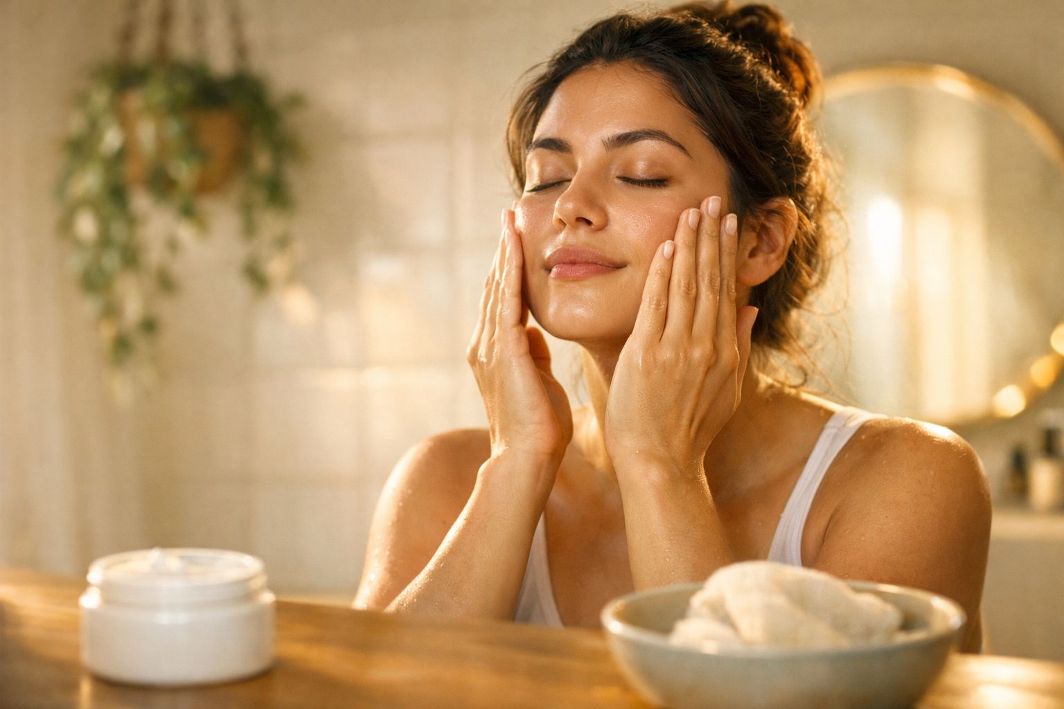 Mulher aplicando creme facial com olhos fechados em ambiente iluminado e relaxante.