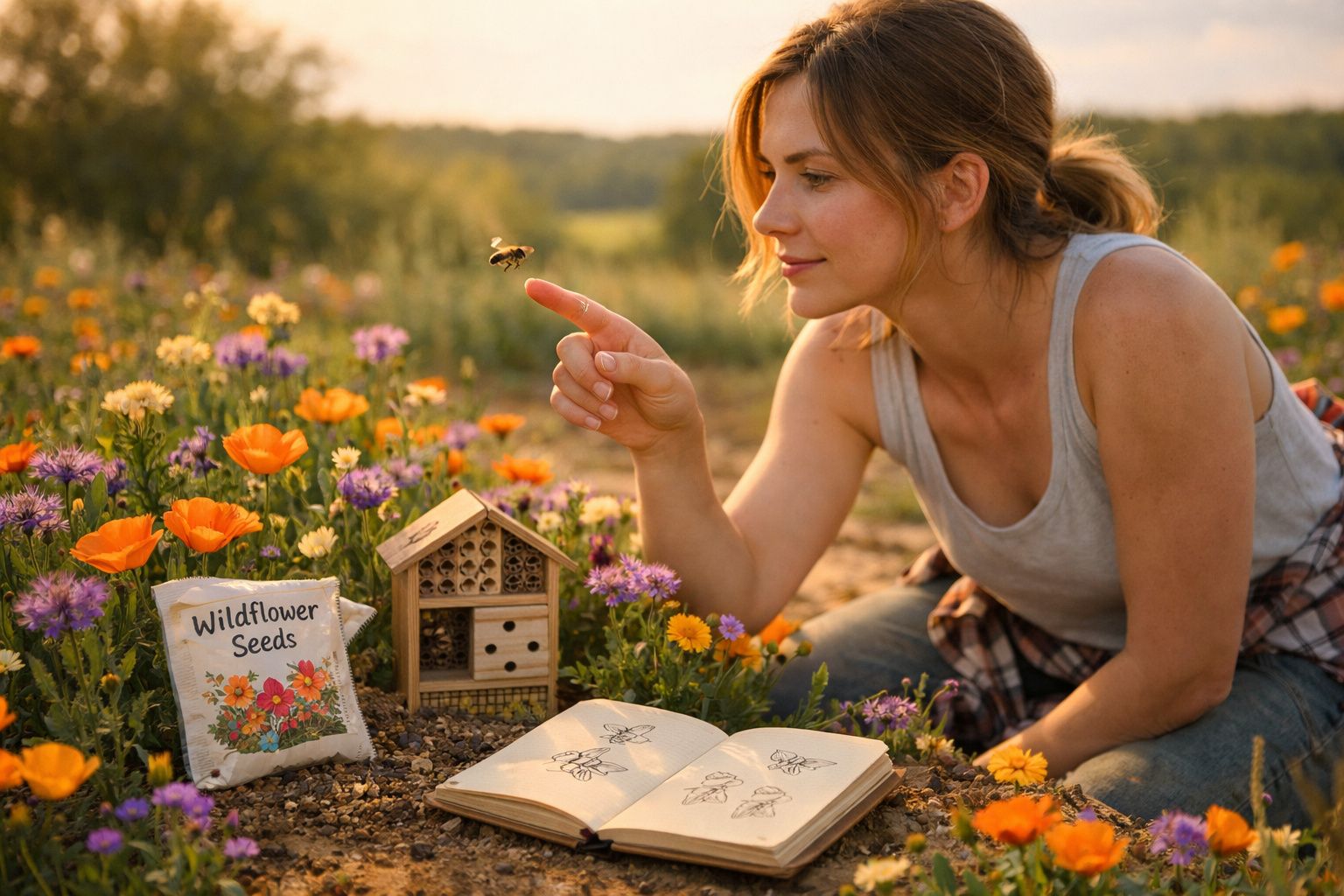 Mulher interage com abelha em campo florido, ao lado de sementes, casa para abelhas e livro aberto.