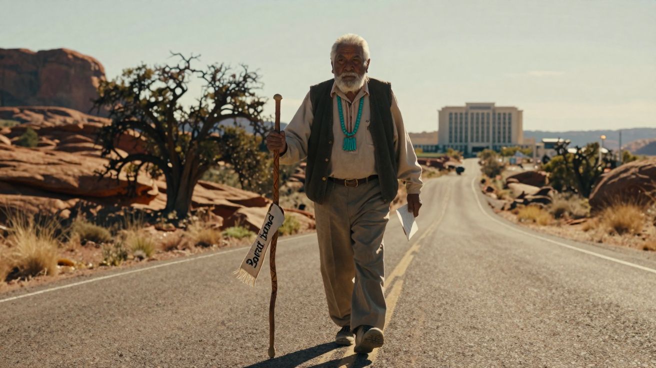 Homem idoso com bastão e colar azul caminha sozinho em estrada deserta com prédios ao fundo.