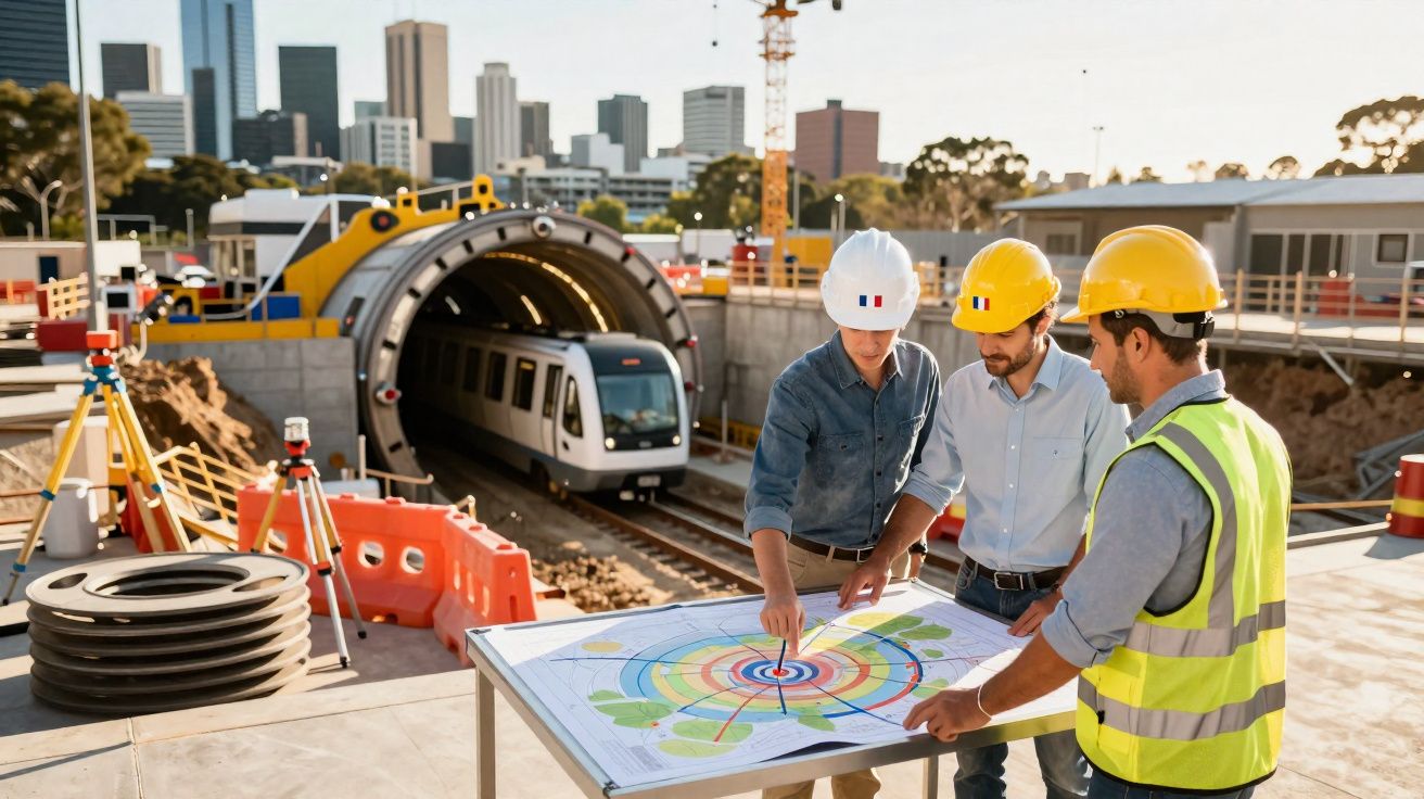 Três engenheiros com capacetes analisam planta ao ar livre em obra de túnel com metrô e cidade ao fundo.