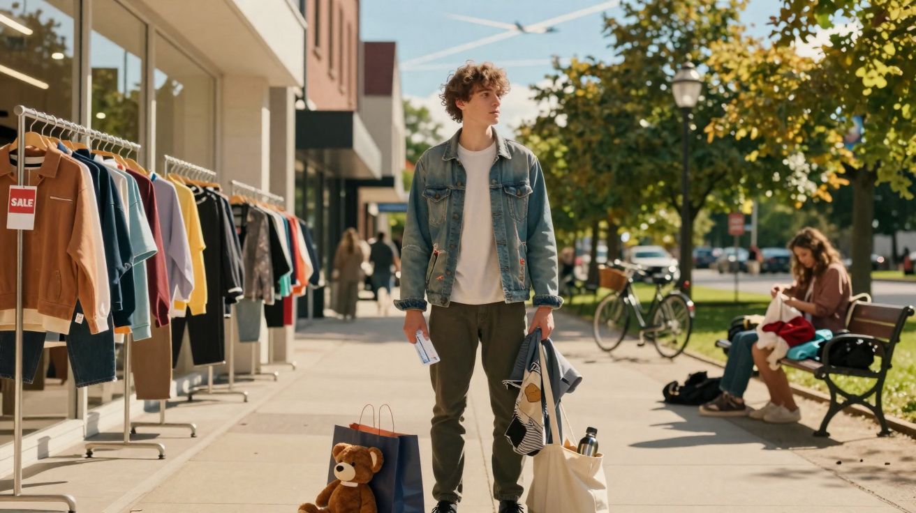 Jovem com sacolas de compras em calçada próxima a loja de roupas, em um dia ensolarado.