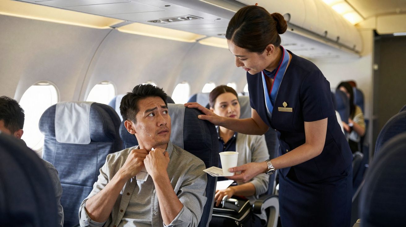 Comissária de bordo oferecendo bebida a passageiro masculino preocupado em avião.