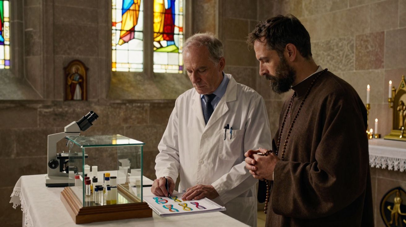 Cientista e religioso em laboratório na igreja analisando desenhos de moléculas com microscópio ao fundo.