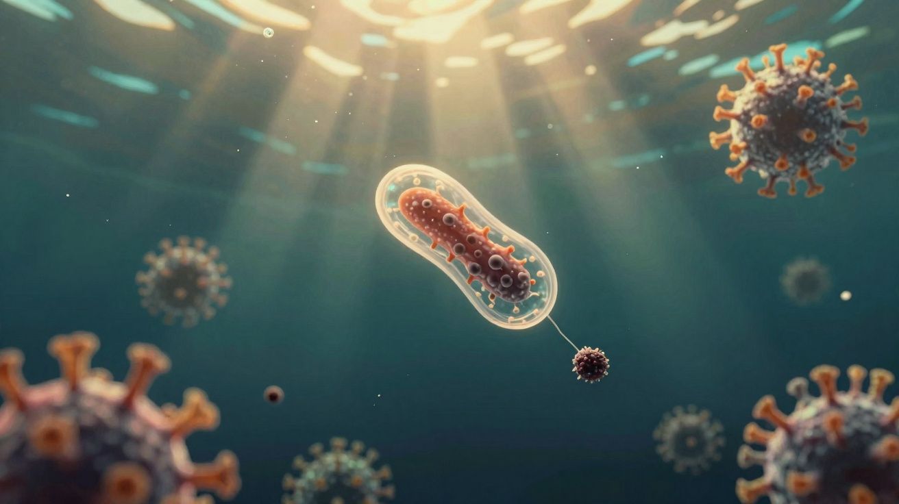 Ilustração microscópica de vírus e bactérias flutuando em ambiente com luz difusa.