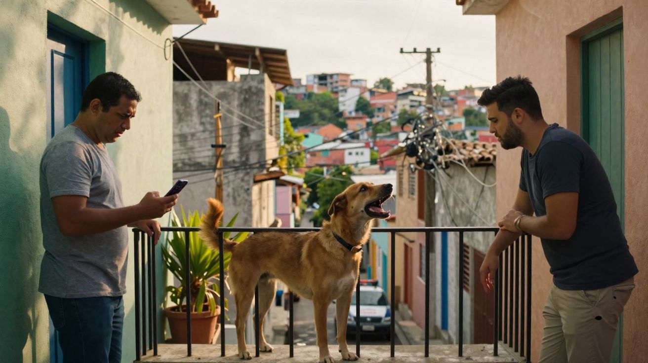 Dois homens interagem com um cachorro em uma varanda de casa em área urbana residencial.