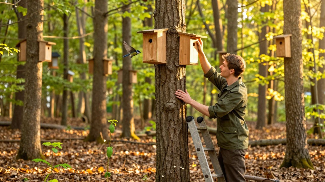 Homem instala casinha de pássaros em árvore dentro de floresta ensolarada.