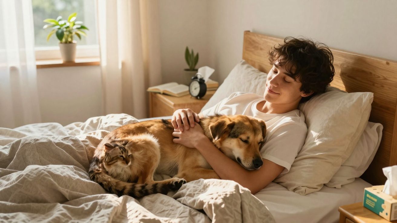 Pessoa deitada na cama abraçando um cachorro e um gato descansam juntos em um quarto iluminado.