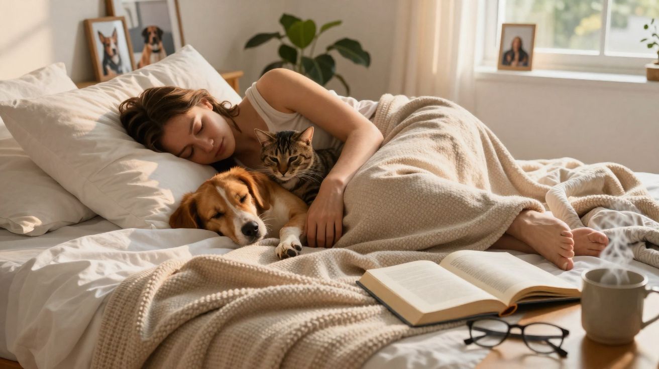 Mulher dormindo na cama abraçada a um cachorro e um gato com livro, óculos e xícara ao lado.