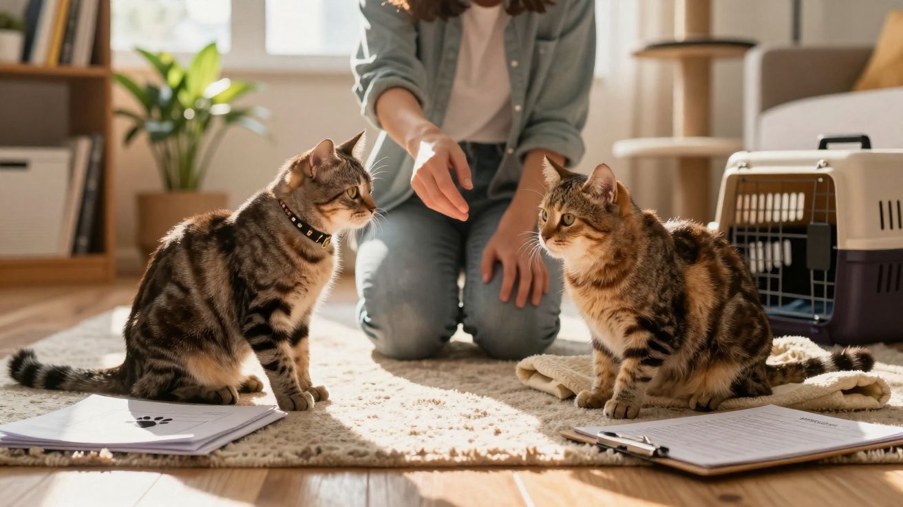 Pessoa interagindo com dois gatos sentados em tapete claro, próximos a pranchetas e transportadora.