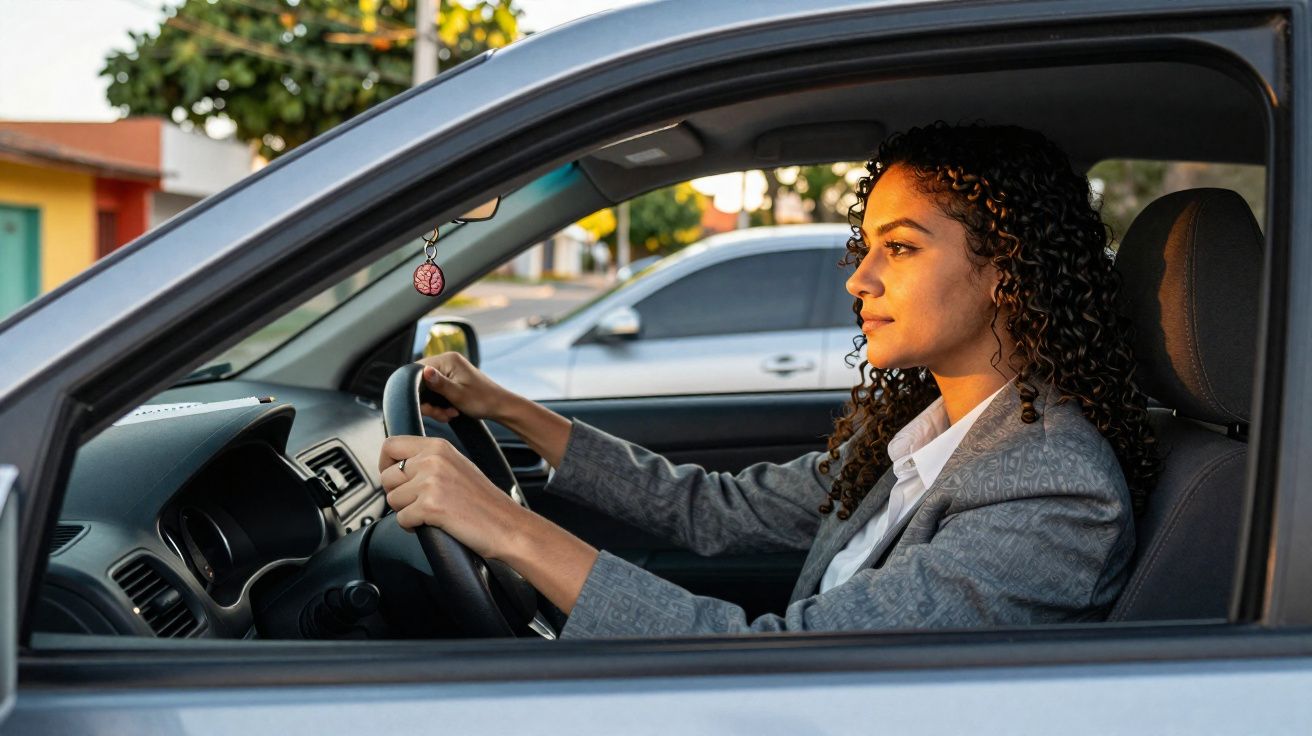 Mulher com cabelo cacheado dirigindo carro estacionado com olhar focado, vestindo blazer cinza.