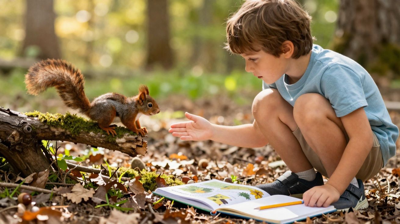 Menino agachado no bosque com livro aberto, estendendo a mão para uma esquilo sobre um tronco coberto de musgo.