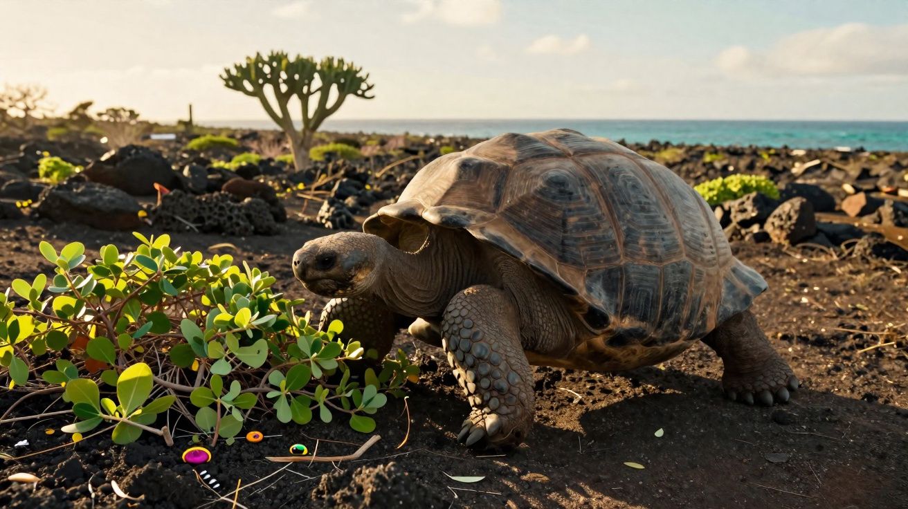 Tartaruga gigante caminhar em terreno rochoso com vegetação baixa e oceano ao fundo sob céu claro.