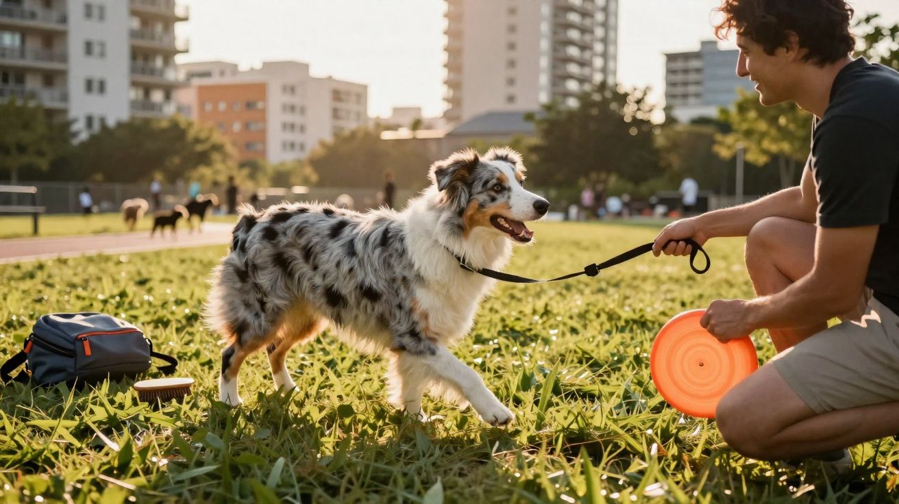 Homem brincando com cachorro de coleira em parque urbano ao entardecer com discos de frisbee.