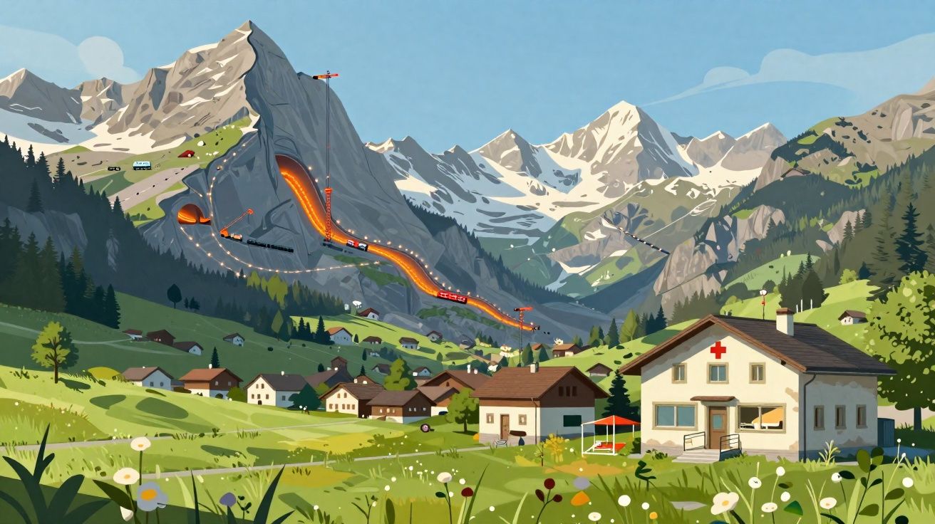 Vale com casas e hospital ao fundo, montanhas com neve e trilhos iluminados ao entardecer.