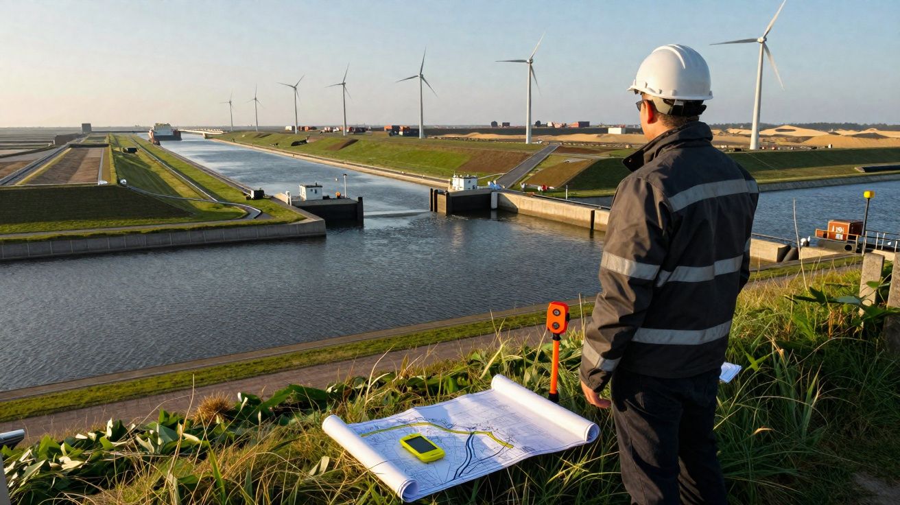 Engenheiro de segurança observa canal com turbinas eólicas e projetos espalhados na grama durante dia claro.