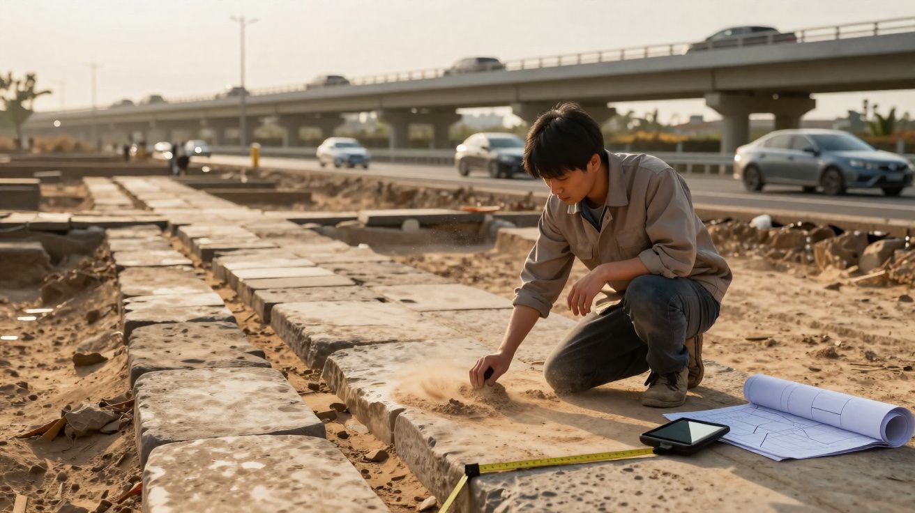 Jovem arqueólogo limpando areia em escavação arqueológica próxima a uma rodovia movimentada.