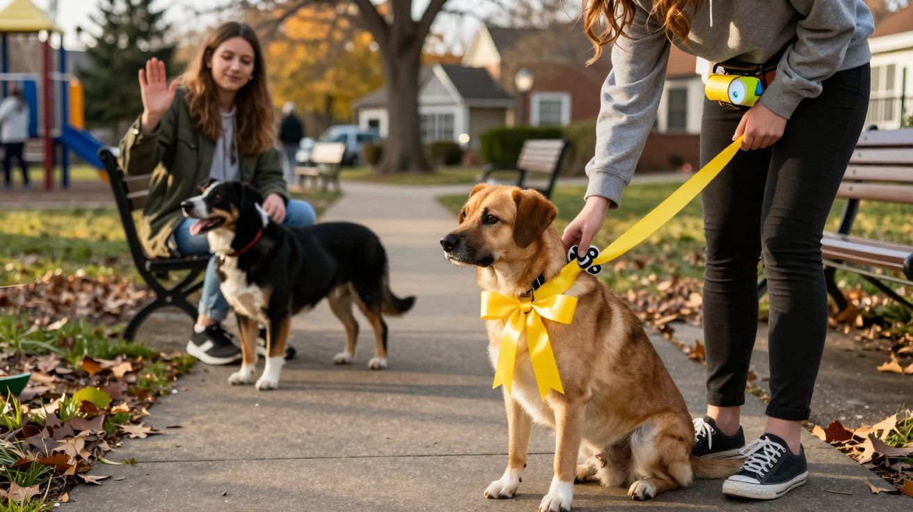 Duas mulheres com cães no parque, um cachorro dourado com laço amarelo e outro preto com senhorita acenando.