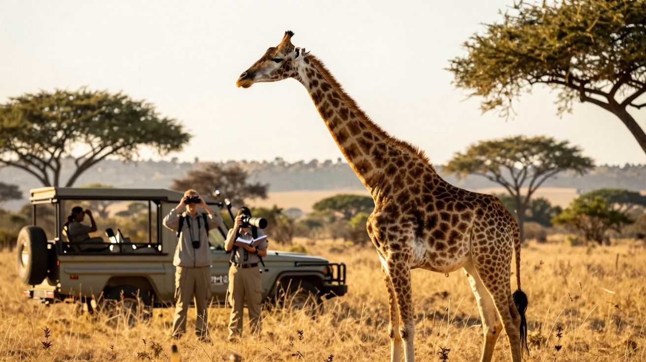 Girafa em savana africana com dois turistas tirando fotos ao fundo, próximo a um jipe de safári.