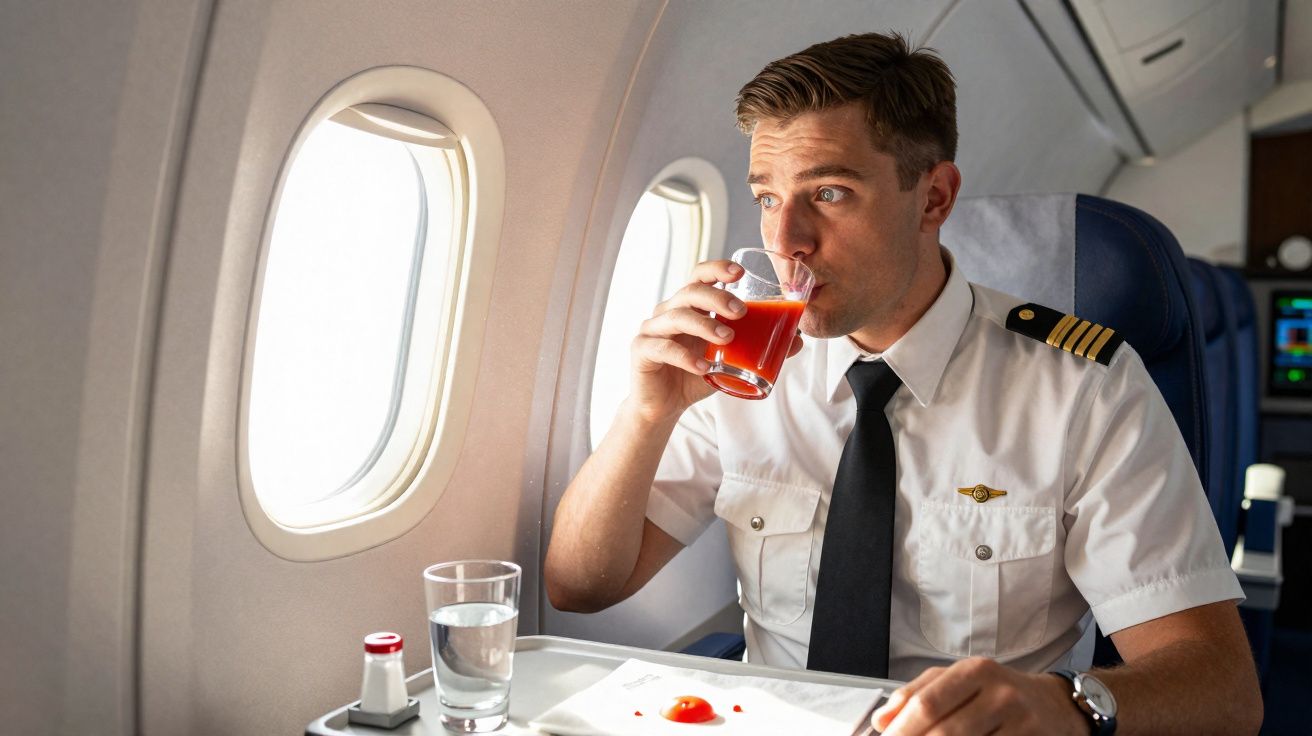 Piloto de avião vestido com uniforme bebendo suco vermelho enquanto está sentado na cabine.