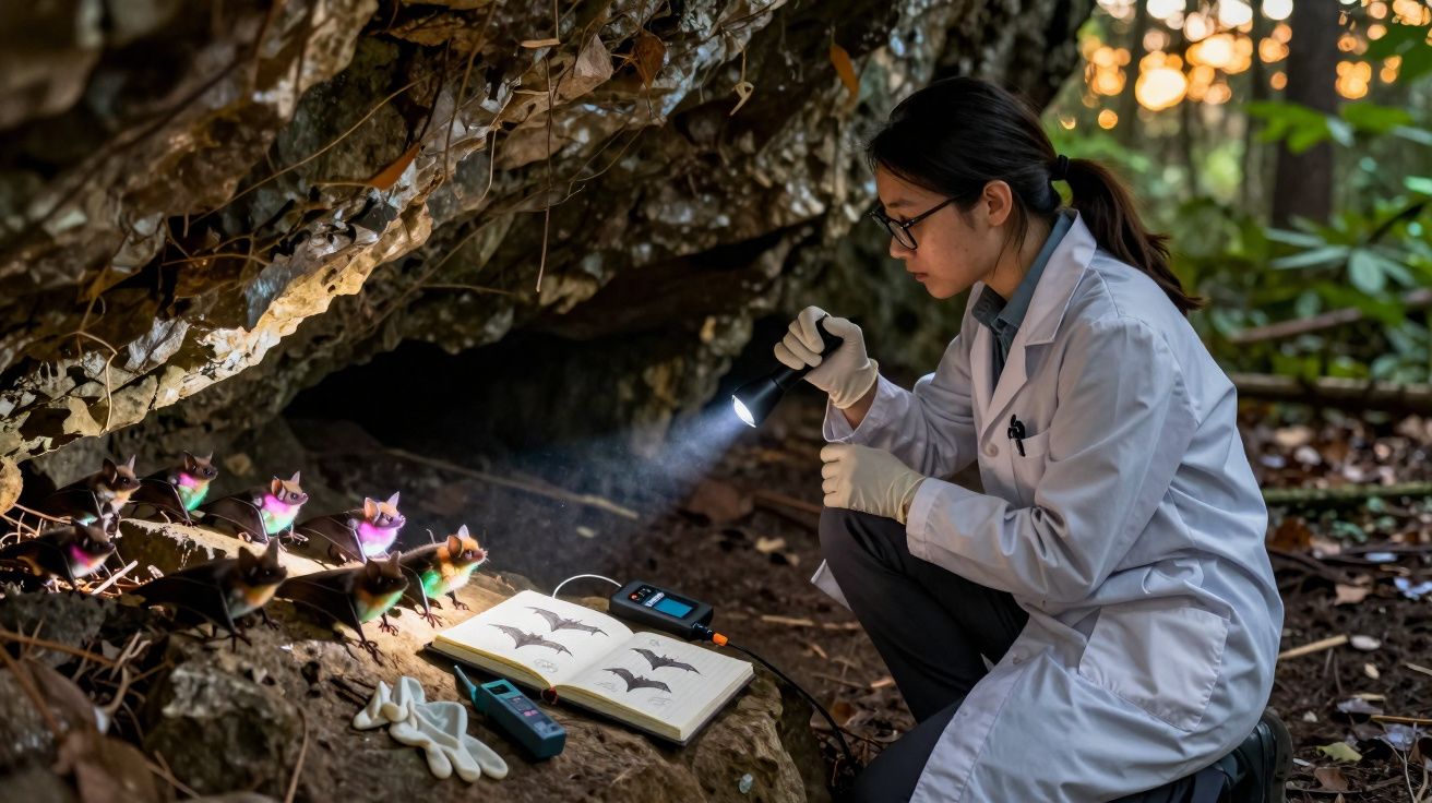 Cientista com jaleco branco estudando morcegos em caverna com lanterna e caderno aberto.