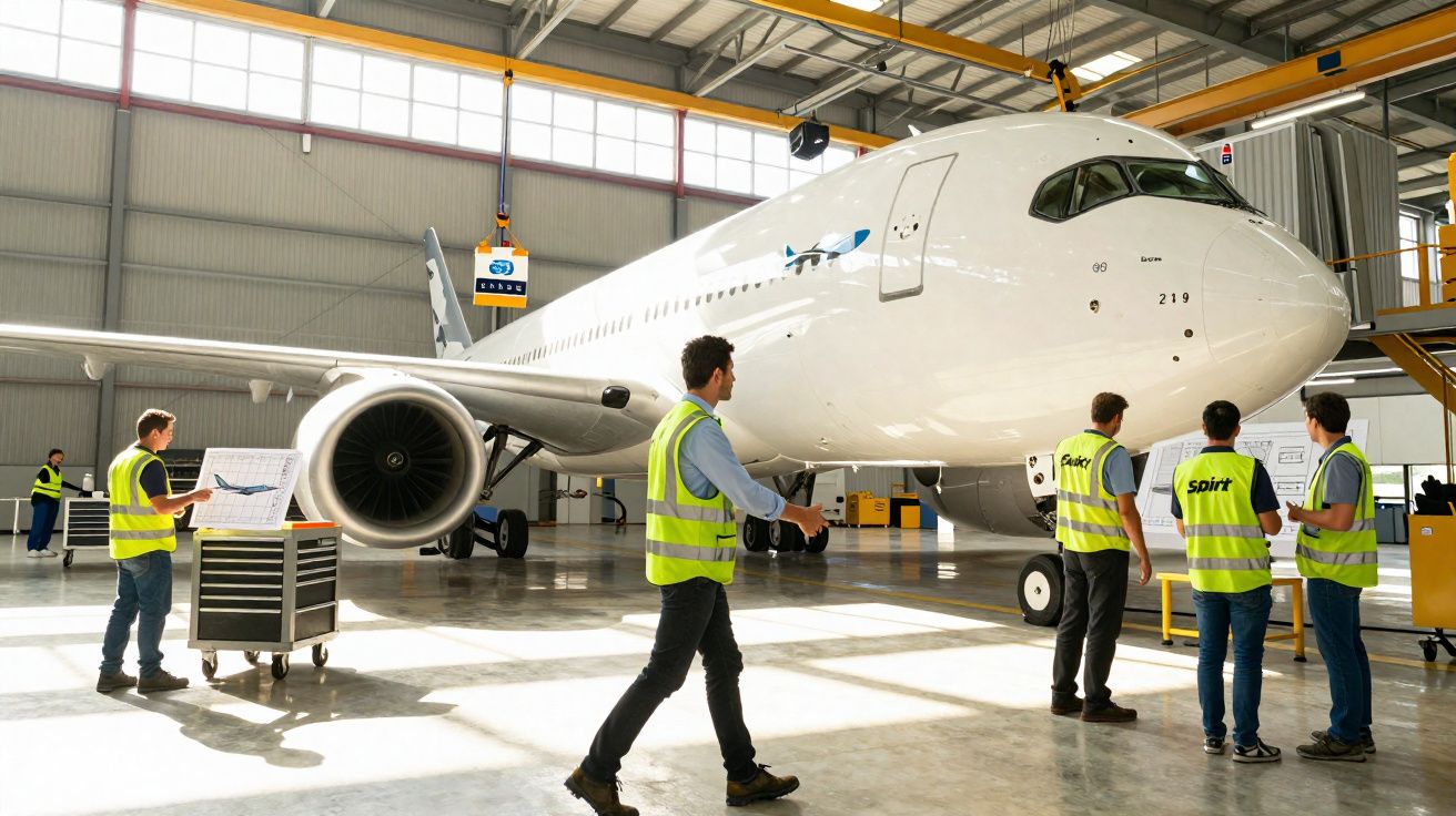 Funcionários com coletes refletivos inspecionam avião branco em hangar iluminado.