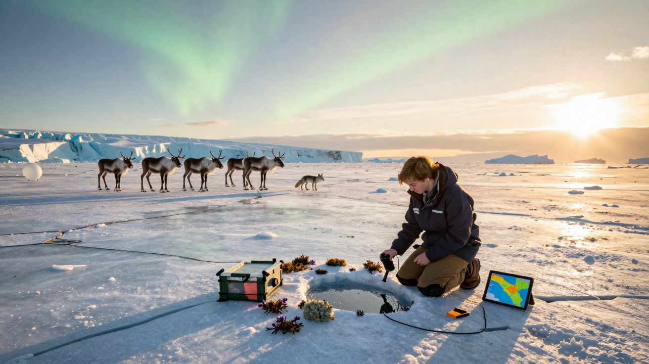 Pesquisador estudando vida marinha no gelo ártico com renas e aurora ao fundo ao pôr do sol.