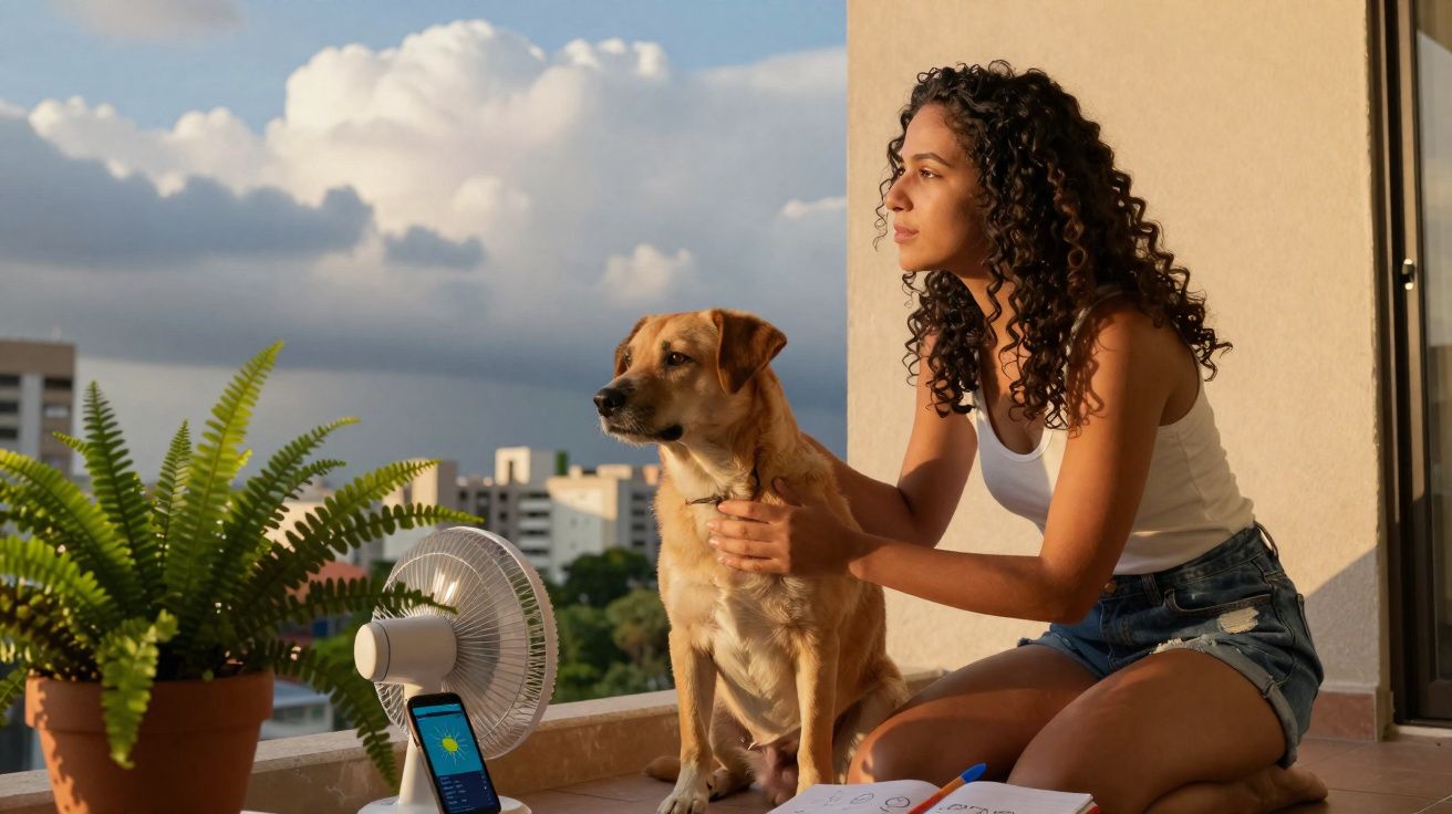 Mulher sentada na varanda com cachorro, ventilador e planta, olhando para o horizonte ao entardecer.
