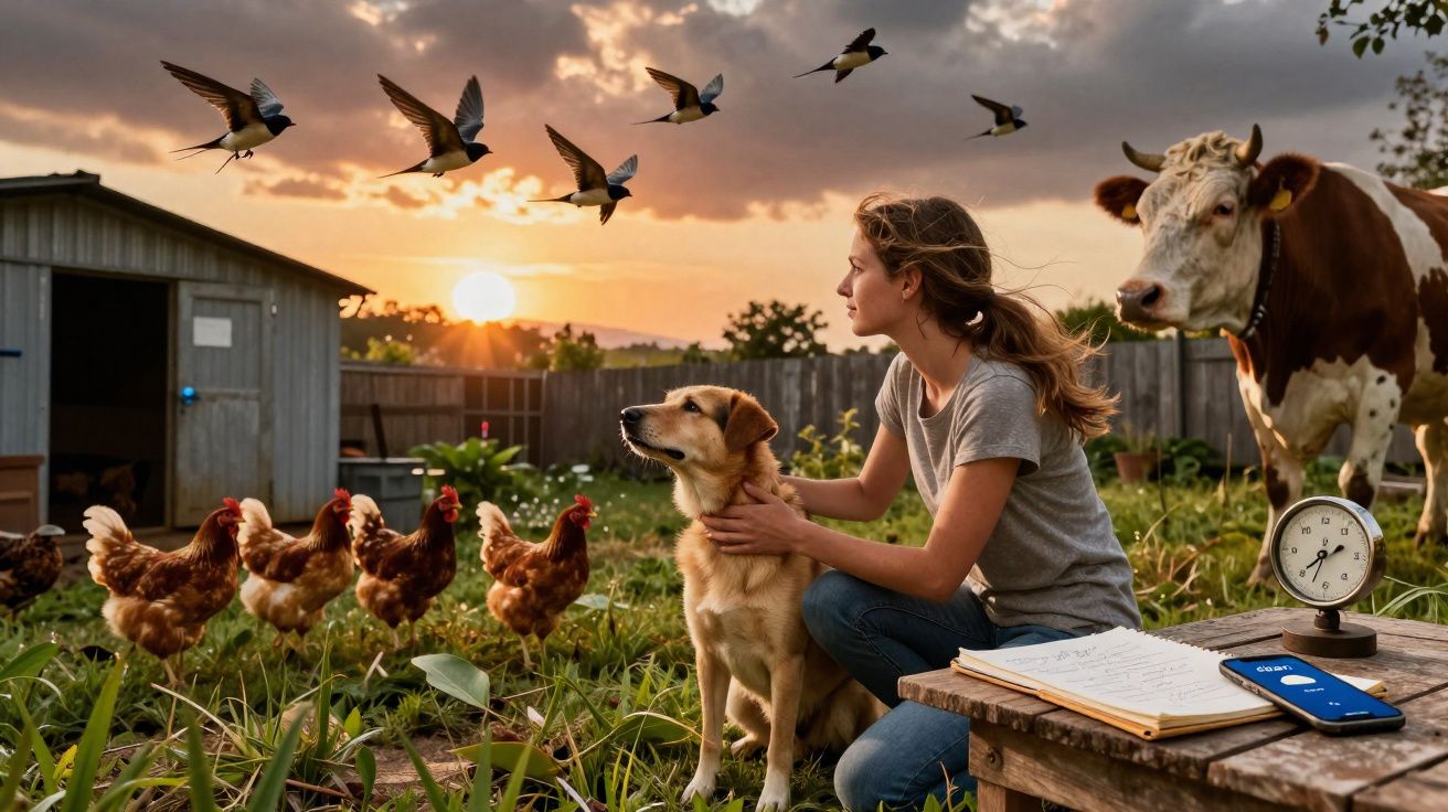 Mulher com cachorro observa galinhas e pássaros ao pôr do sol em fazenda com vaca e caderno sobre mesa.