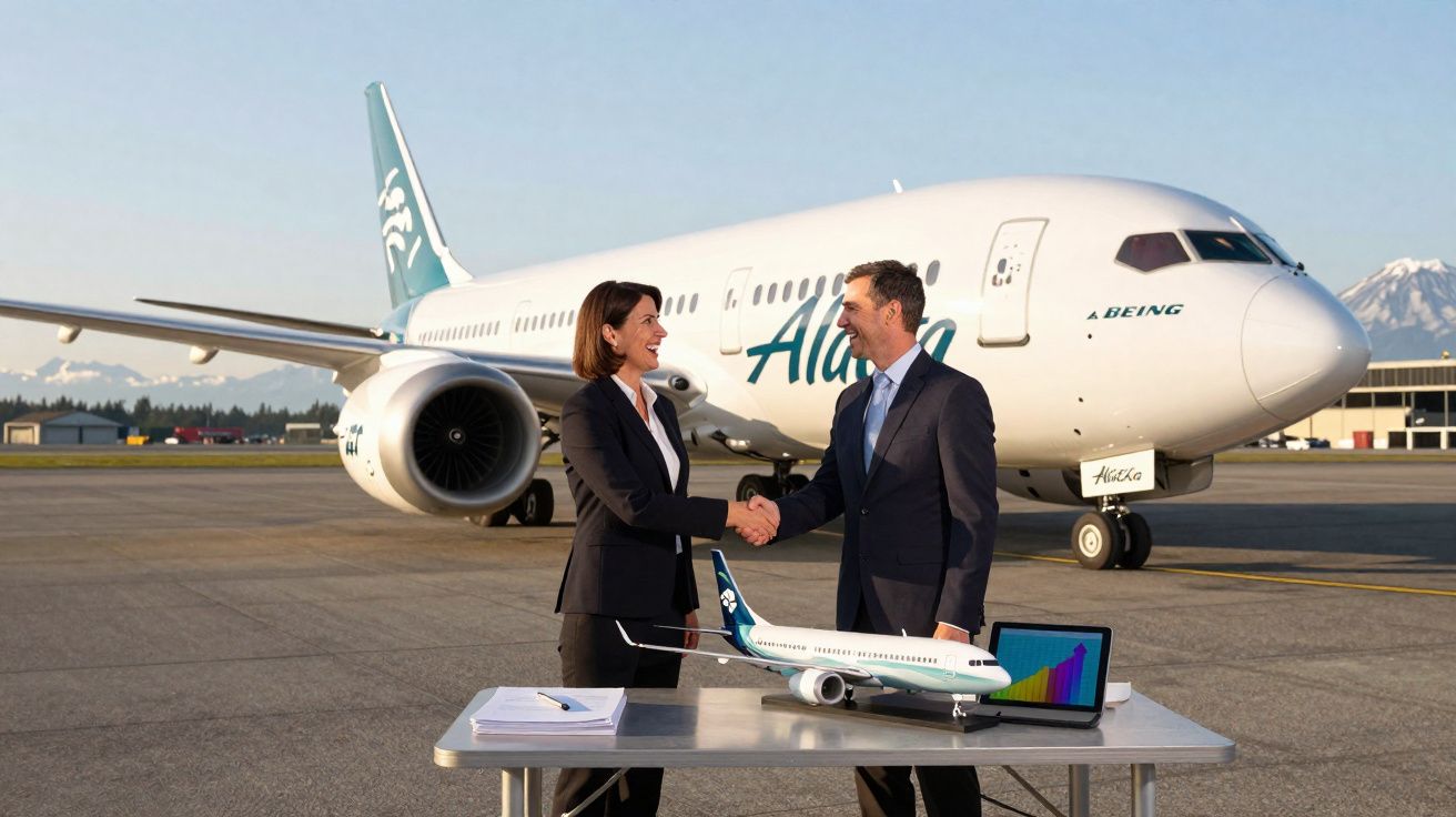 Dois executivos apertando as mãos em frente a um avião da Alaska Airlines com modelo de avião sobre mesa.