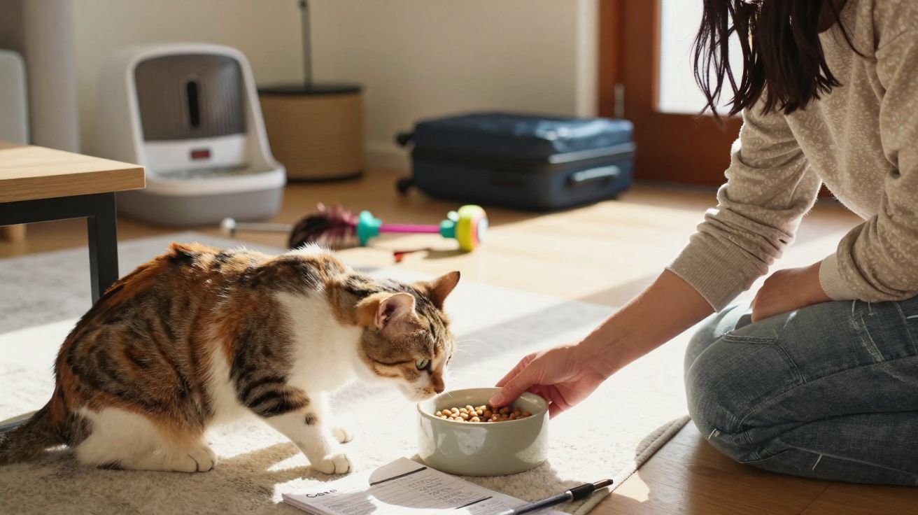 Pessoa alimentando gato com ração em tigela no chão de sala iluminada pelo sol.
