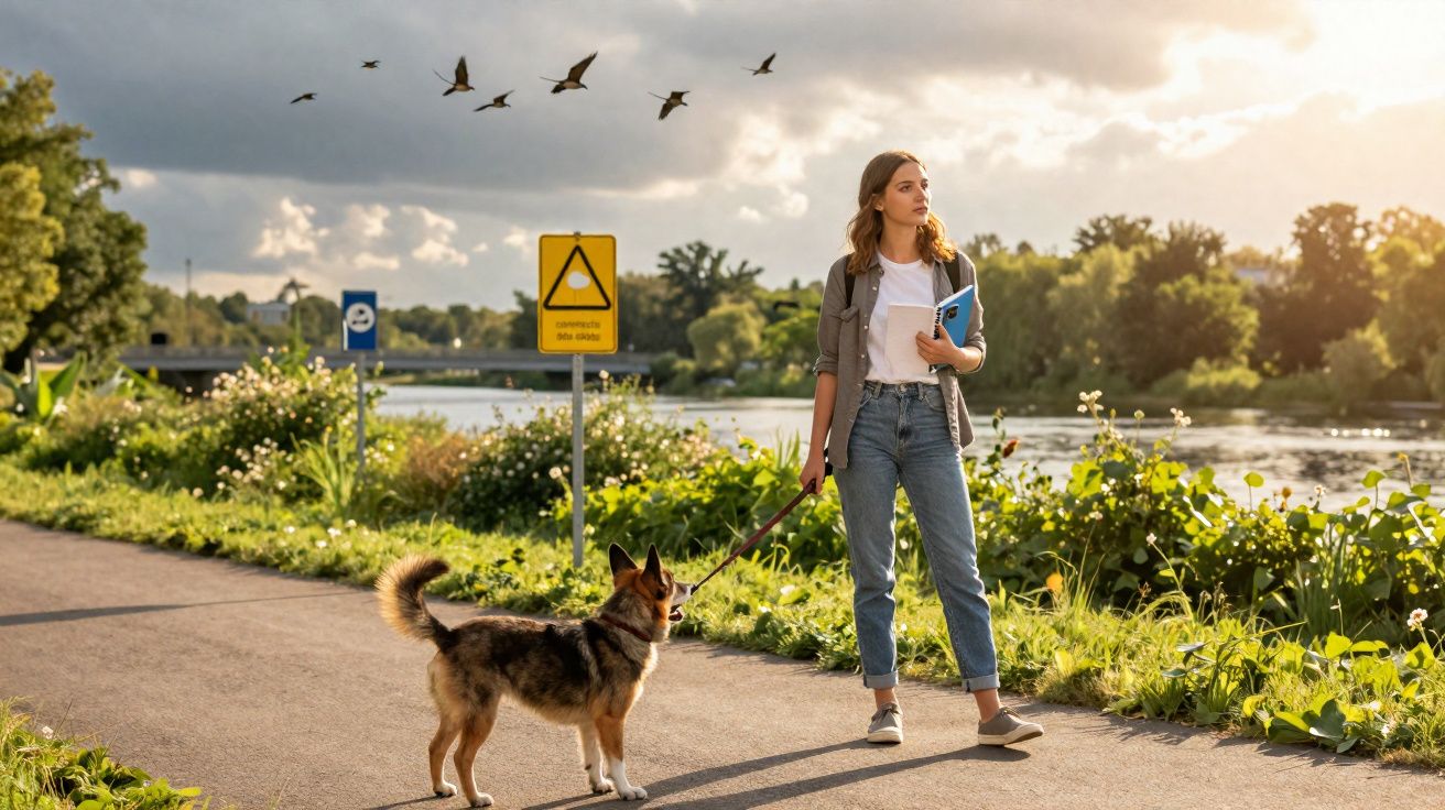 Mulher jovem caminha com cachorro em parque à beira do rio ao pôr do sol, com aves voando ao fundo.