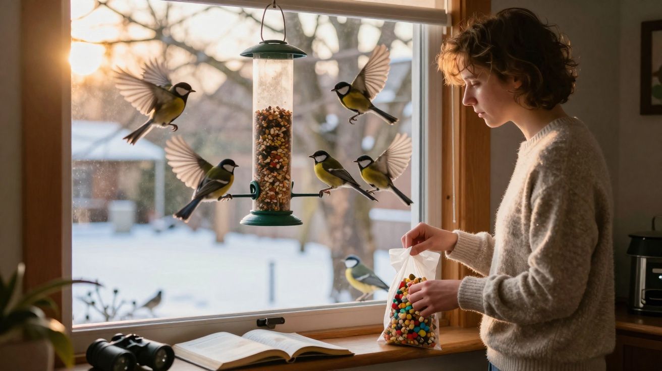 Pessoa alimentando pássaros em comedouro pendurado na janela durante o pôr do sol.