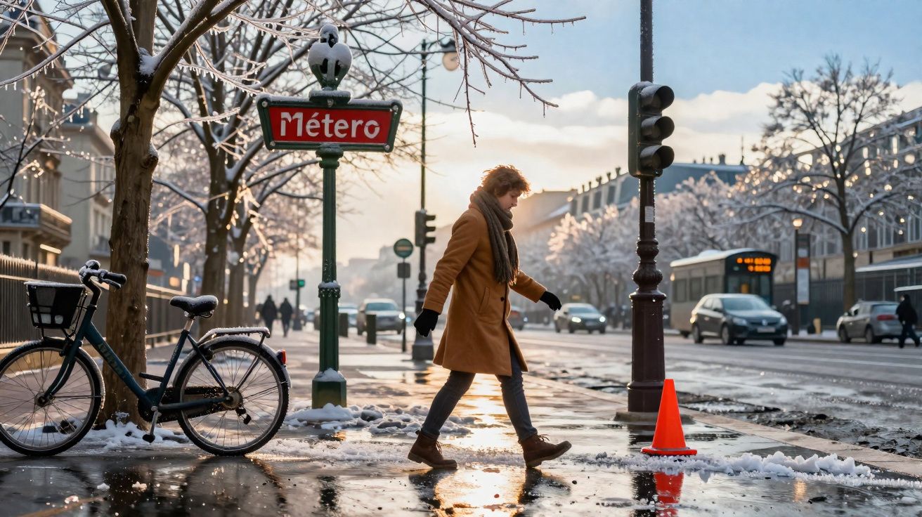 Pessoa atravessando rua molhada e com neve, próximo a placa de metrô, bicicleta estacionada e cones laranja.