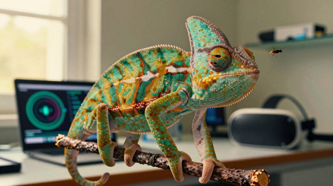 Camaleão colorido em um galho observando uma vespa em ambiente interno com computador e óculos de realidade virtual.