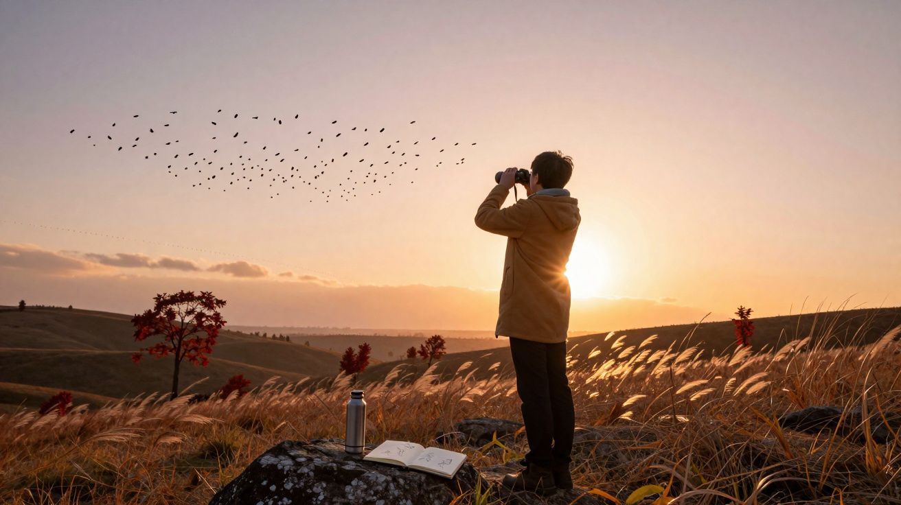 Pessoa observa passarinho com binóculo ao pôr do sol em campo aberto com cadernos e garrafa térmica no chão.