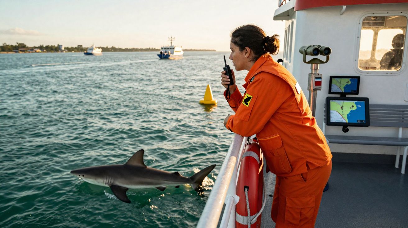 Mulher em uniforme laranja observa tubarão nadando próximo a um barco no mar durante o dia.