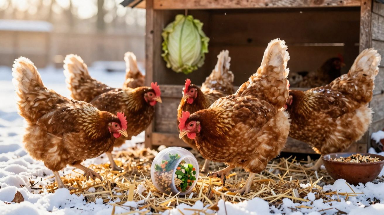 Galinha se alimentando no chão com neve e palha próximo a um galinheiro de madeira.