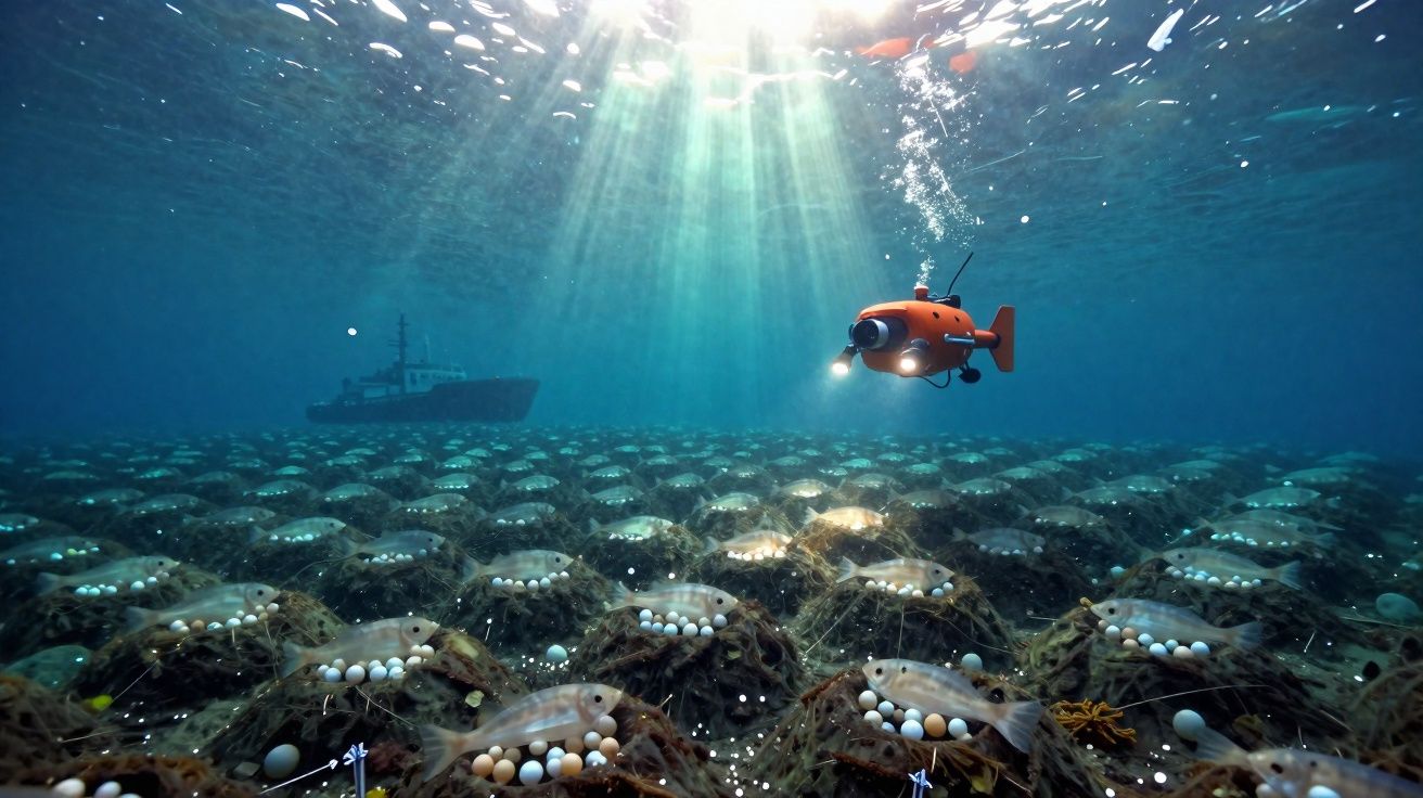 Veículo submarino explorando tanque cheio de peixes e bolhas, com navio ao fundo e raios de luz na água.