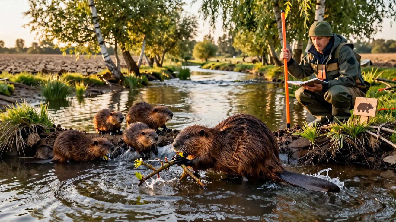 Castor adulto com filhotes em riacho, enquanto pesquisador observa e anota dados à beira da água.