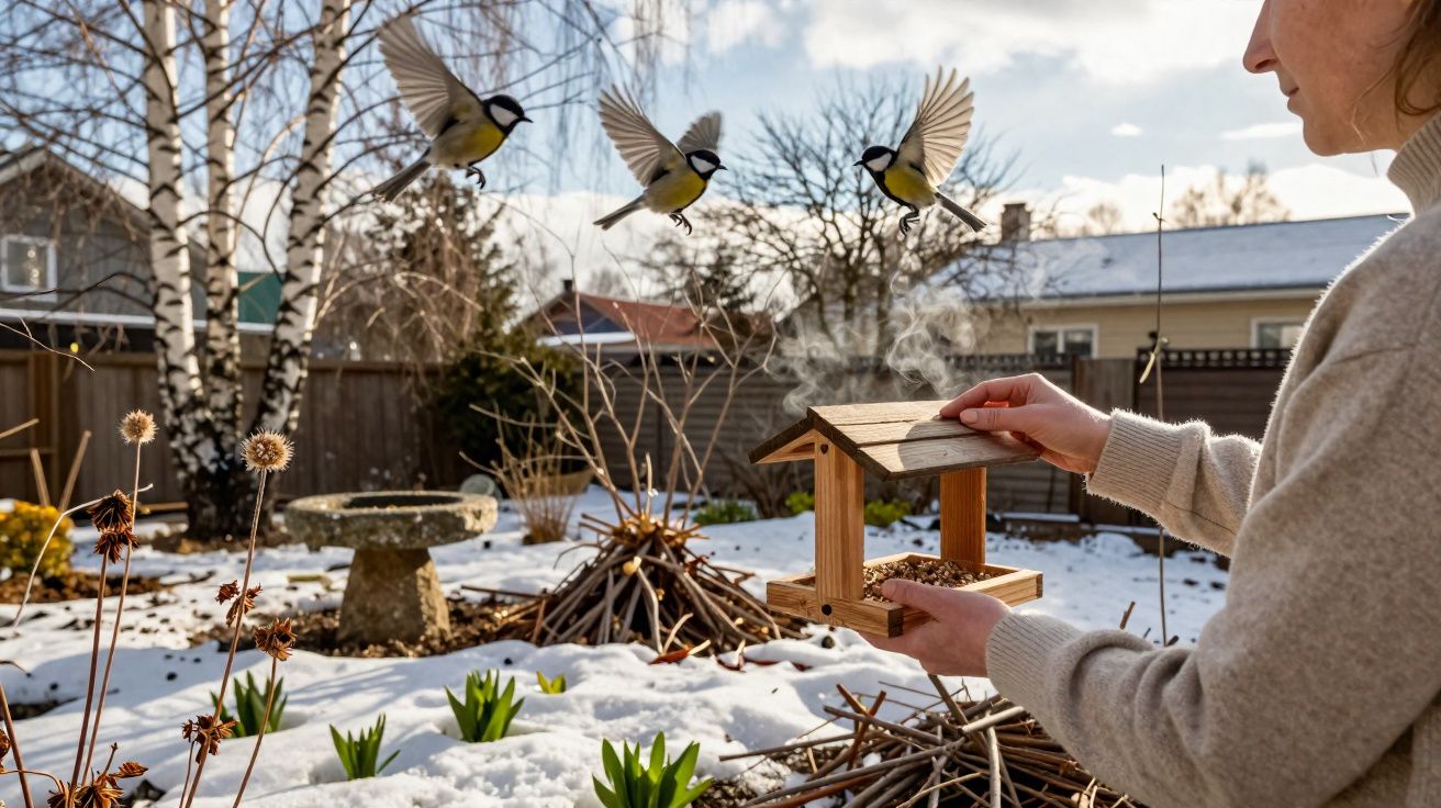 Pessoa alimenta pássaros em comedouro de madeira em jardim coberto de neve no inverno.