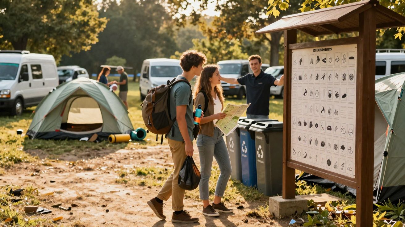 Pessoas consultando painel informativo em área de camping com barracas e vans ao fundo.